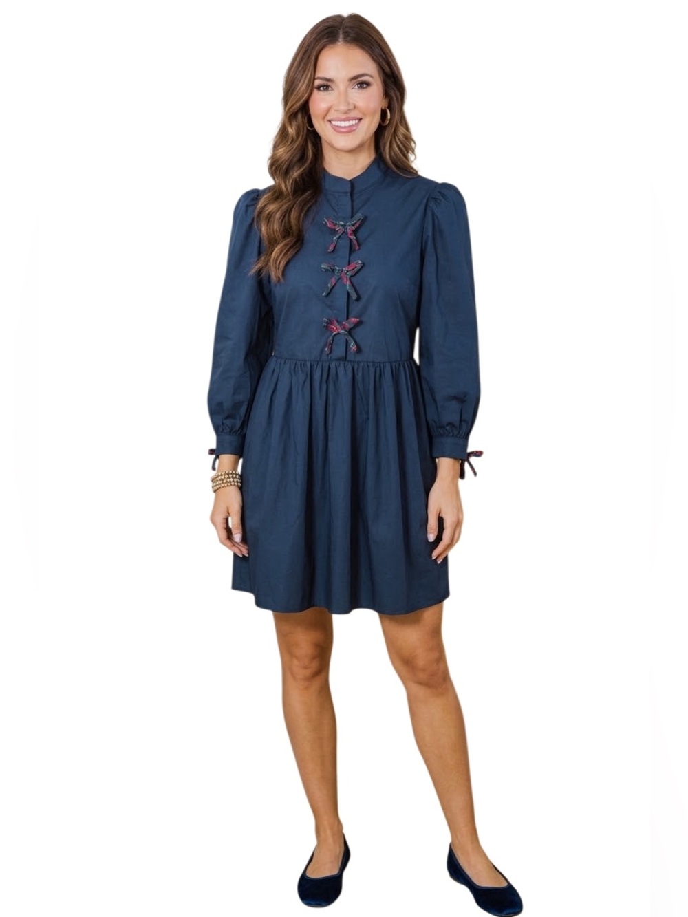 Navy Plaid Bow Puff Sleeve Holiday Mini Dress | Size L